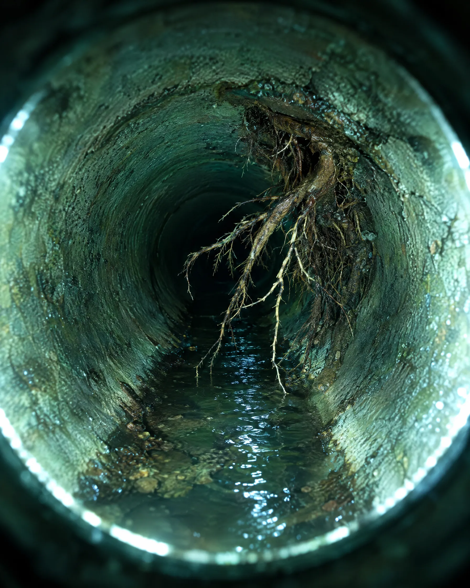 Sewer camera view of a root intrusion in a drain
