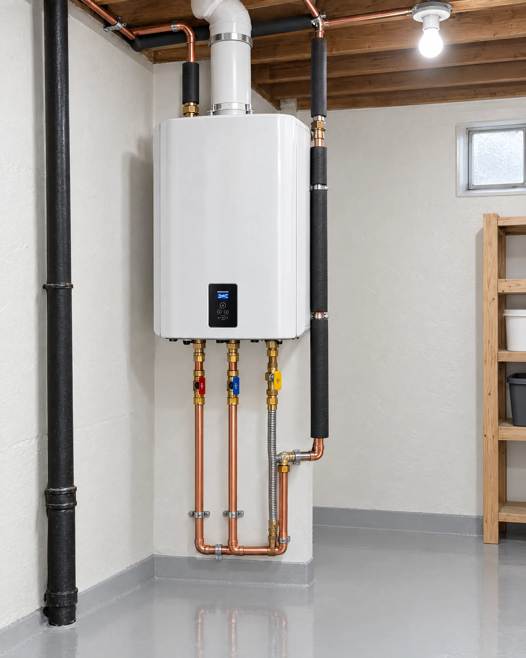 A new tankless water heater on a clean wall