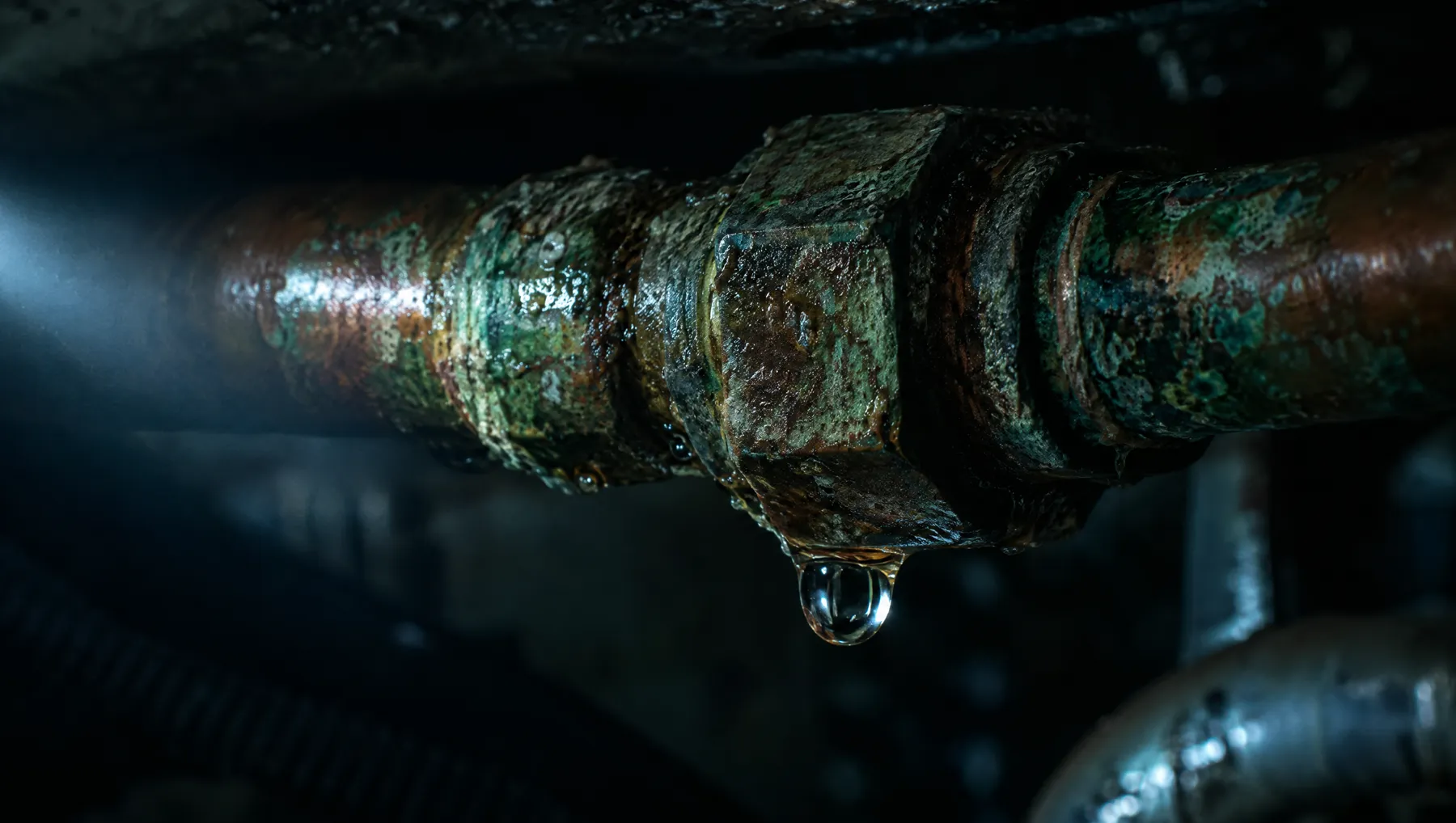 A corroded copper pipe joint under a sink with a water droplet about to fall