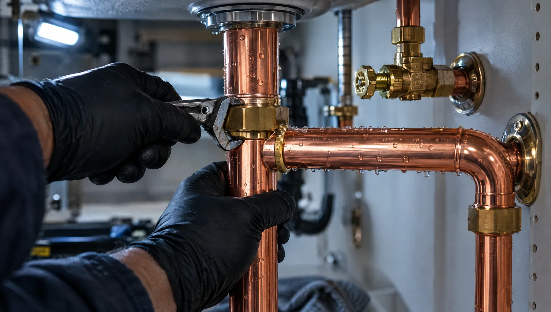 Gloved hands tightening a new copper fitting