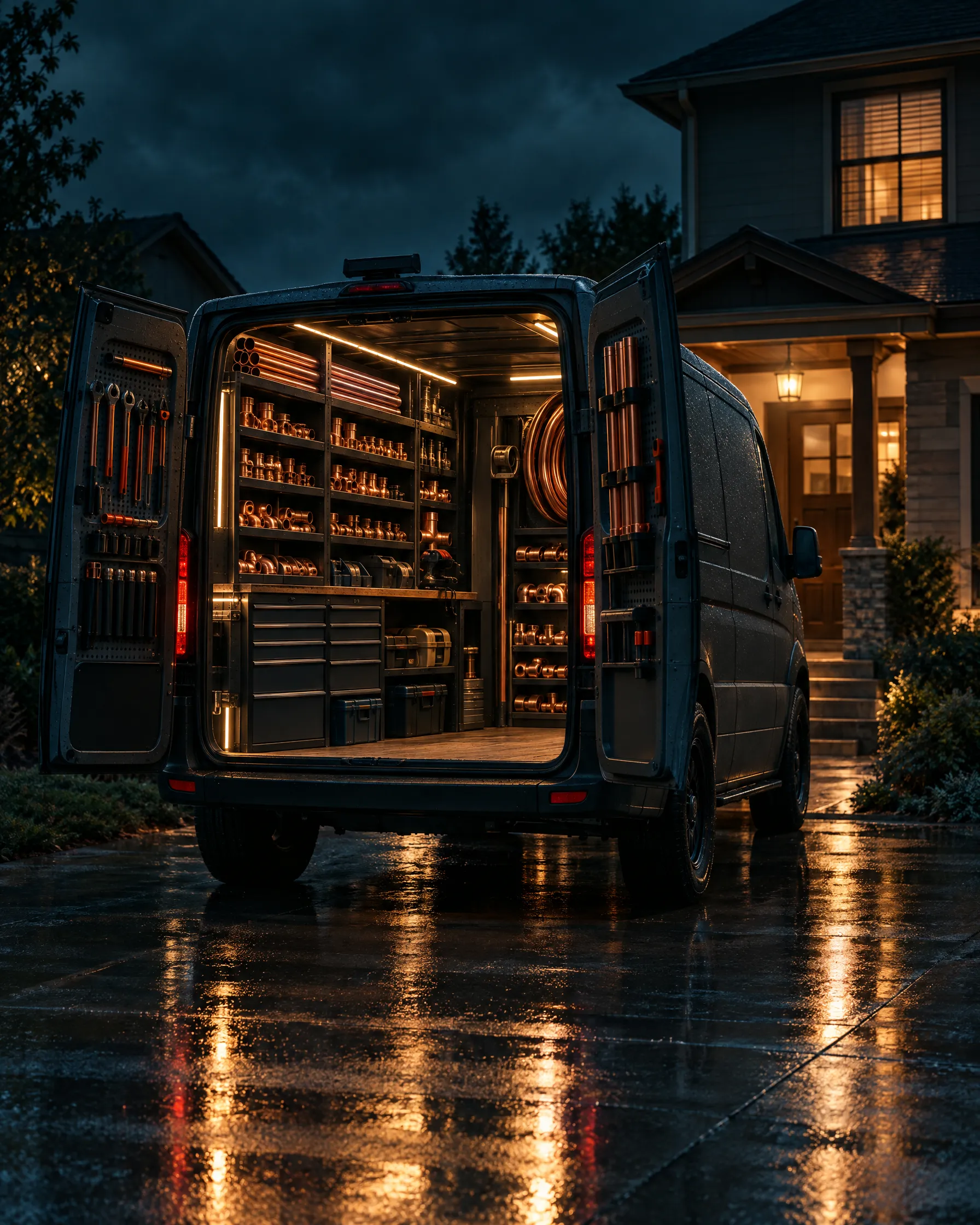 A service van at night with organized tools lit inside